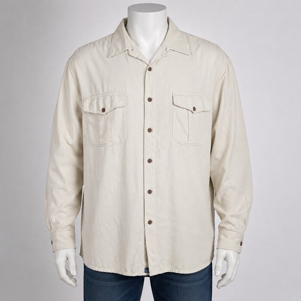 Tommy Bahama Mens XL Silk Cotton Button Front Shirt Beige Long Sleeve